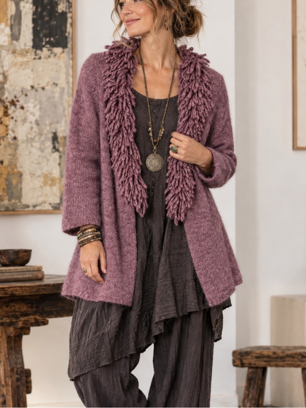 Lucidity Angora and Lambswool Blend Fringe Open-Front Sweater Cardigan in Mauve